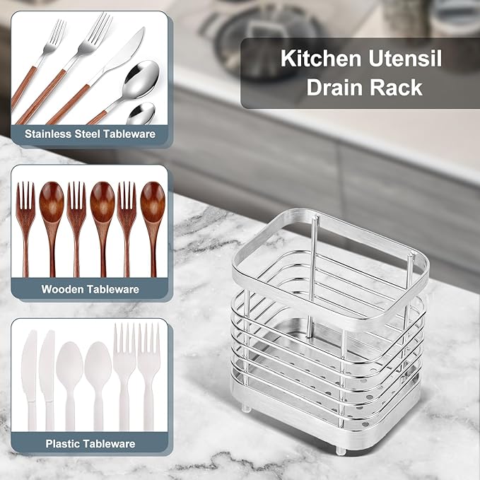 Utensil Holder, Stainless Steel Utensil Drying Rack for Kitchen Counter, Silverware Cutlery Flatware Holder Forks, Knives, Spoons, Chopsticks Organizer (Silver)