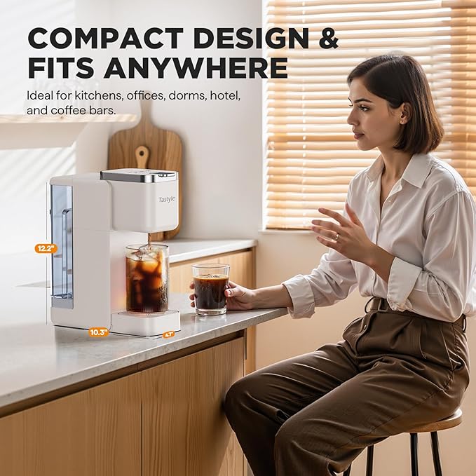 Tastyle Single Serve Coffee Maker, Iced and Hot Coffee Machine for K Cup & Grounds, Compact Design, 40oz Removable Water Reservoir, 6 to 24 Oz Brew Sizes, Fits 7.3" Travel Mug, Beige