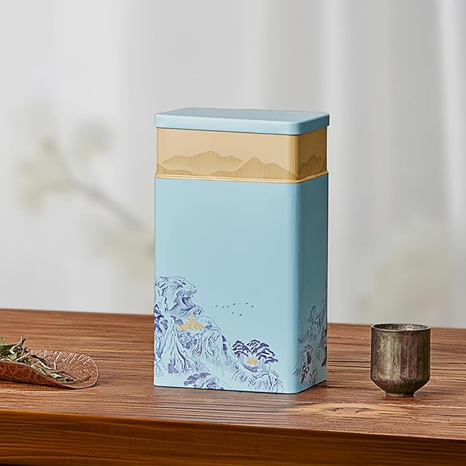 HAN SHENG Tea Canister, Airtight Storage Tin for Loose Leaf Tea & Bags, 8-Inch Decorative Metal Container with Oriental Mountain Design, Blue
