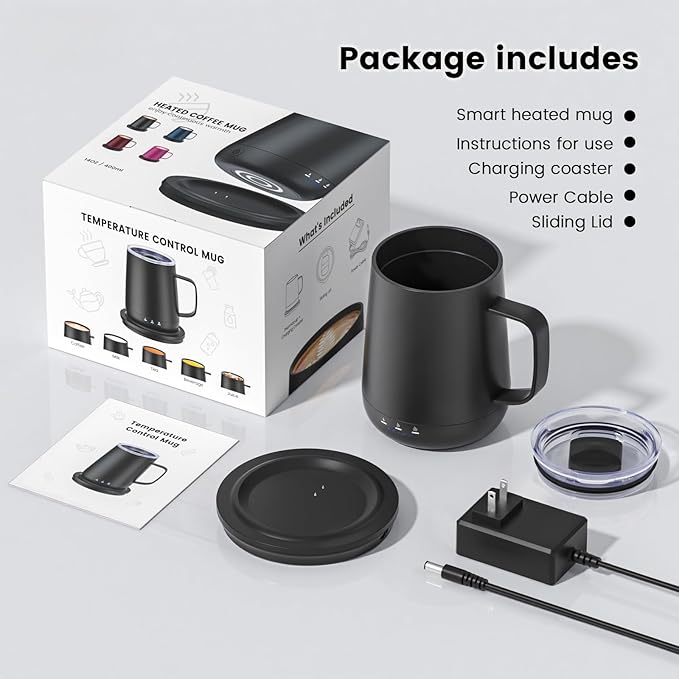 Smart Self Heating Coffee Mug,14oz Temperature Control Coffee Mug,Hot up to 150°F,Rechargeable Heated Coffee Mug,Up to 6H Battery Life,Coffee Cup Warmer,Great Gift for Coffee Lovers,Dad,Mom (Black)