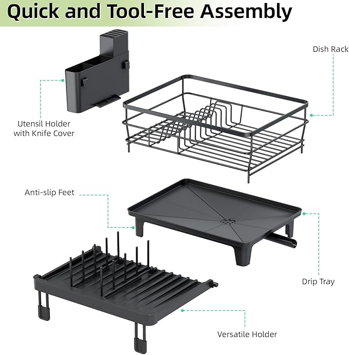 TOOLF Extendable Dish Drying Rack, Multifunction Dish Rack for Kitchen Counter, Large Expandable Dish Drainer,Dryer Rack with Drainboard & Utensil Holder, Black