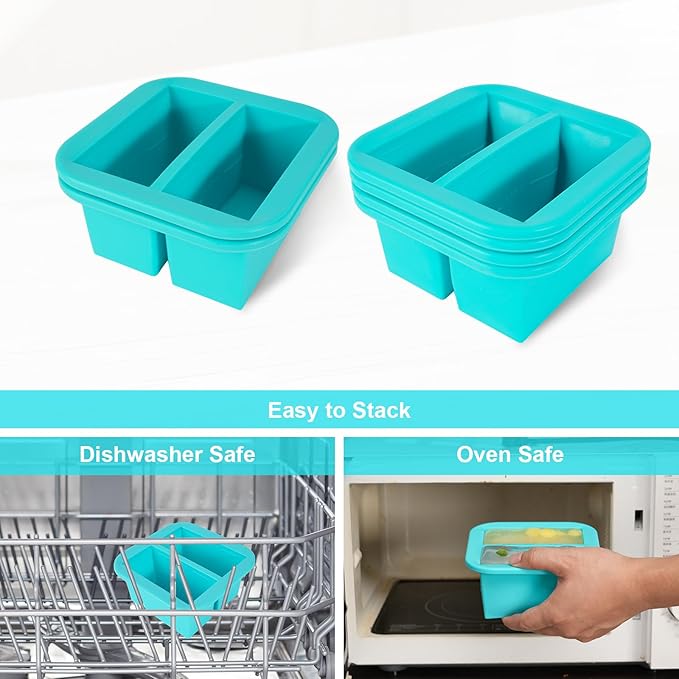 Silicone Freezer Tray with Lid 2 Pack Silicone Freezer Molds Ice Cube Tray Makes 4 Perfect 1 Cup Portions Soup Cubes Meal Prep Containers- Oven & Dishwasher Safe