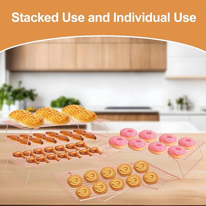 Cooling Rack for Baking 3 Tiers, 16" x 10" Cookie Cooling Wire Rack Stackable Collapsible Nonstick, Stainless Steel Baking Cooking Cooling Racks with Optimum Air Flow, Rose Gold