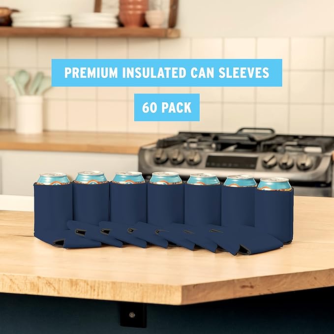 Blank Beer Can Cooler Sleeves (60-Pack) Soft Insulated Beer Can Coolies - HTV Friendly Blank Koolies in Bulk for Beer Cans & Bottles - Coolie Blanks for Vinyl Projects & Wedding Favors (Navy Blue)