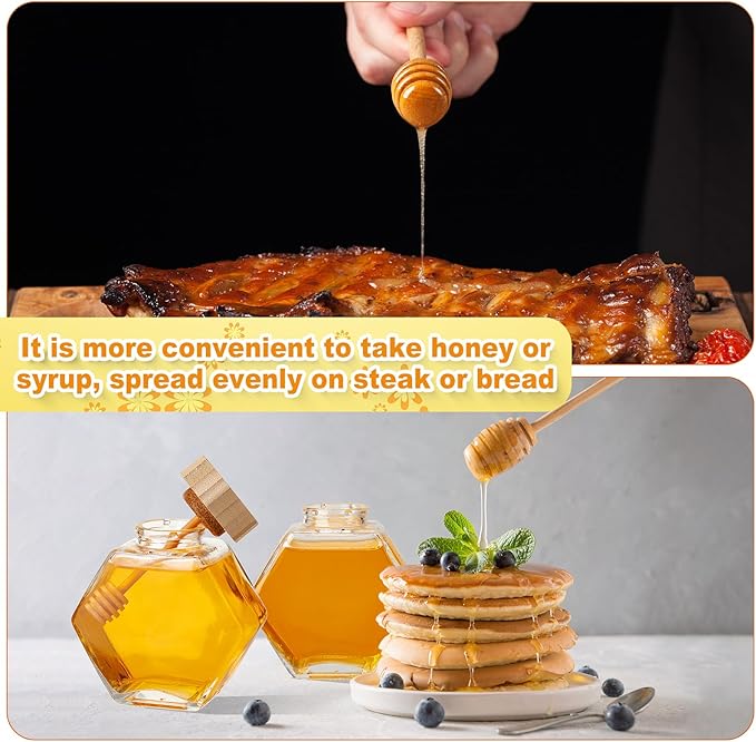 Sunnyray 30 Pcs Glass Honey Jars with Dipper Hexagonal Clear Glass Dispenser Small Honey Containers Bottle with Wooden Dipper and Cork Lid for Home Storage Kitchen (220 ml)