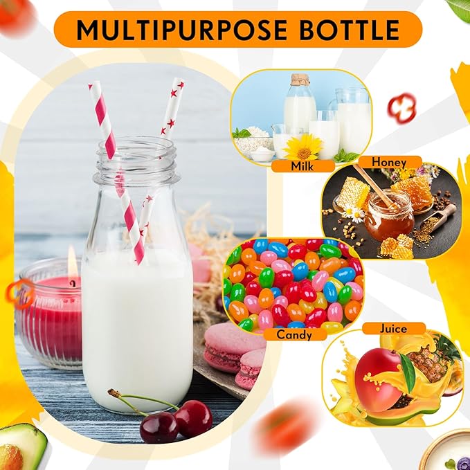 Irenare 40 Sets Plastic Small Milk Bottles with Straws and Metal Lids Clear Plastic Bottle for Dairy Milk Party Bottle for Milk Juices Shakes Smoothies, 40 Bottles and 40 Straws (Gold,8 oz)