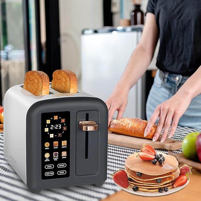 SEEDEEM Toaster 2 Slice, Full Touch Control Stainless Toaster, LCD Display, 50% Faster Heating Speed, 6 Bread Type, 7 Shade Setting, 1.5''Wide Slots, Removable Crumb Tray, 1350W, Dark Chocolate