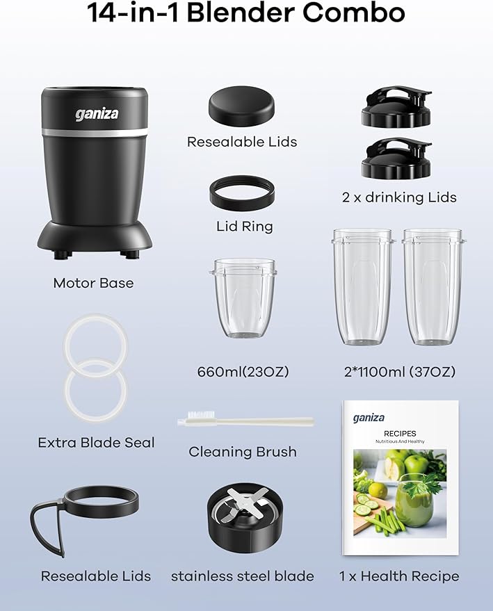 Ganiza Blender for Smoothies, 14 Pcs Smoothie Blender for Kitchen, Max 1300W Portable Blenders for Shakes Ice Crushing Grinding & More with 2 X 37 oz, 23 oz Cups, Perfect for Home & On - the - Go