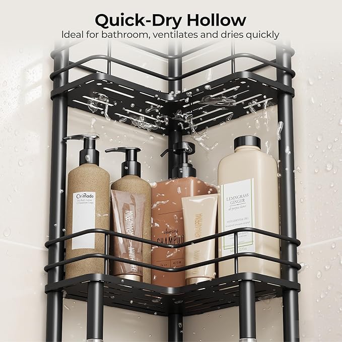 Orimade Rustproof 2 Tier Floor Standing Corner Shower Caddy Organizer with Toothbrush Holder, Large Spacing Floor Shower Shelf Rack Storage Stands with Hooks for Bathroom Kitchen, Black