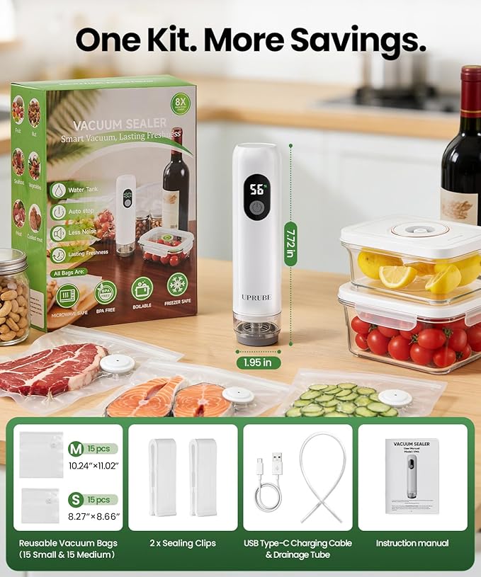 Compact Vacuum Sealer for Food (Vacuum Sealer Machine + 30 Reusable Vacuum Bags), Powerful Handheld Food Vacuum Sealer Machine with LED Display & Liquid Drainage Tube, Portable Food Sealer