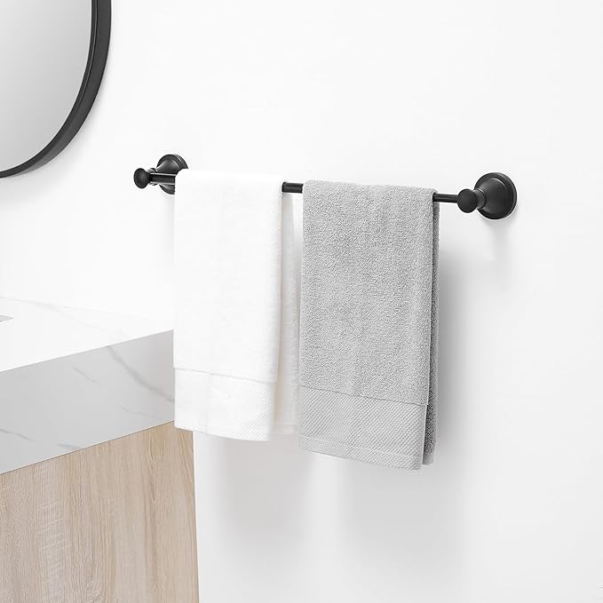 BESy Adjustable 16 to 26 Inch Bath Towel Bar Rack for Bathroom Towel Holder, Wall Mounted Towel Bar Rod Hanger Bathroom Hardware Accessories Hotel Style, Stainless Steel, Matte Black