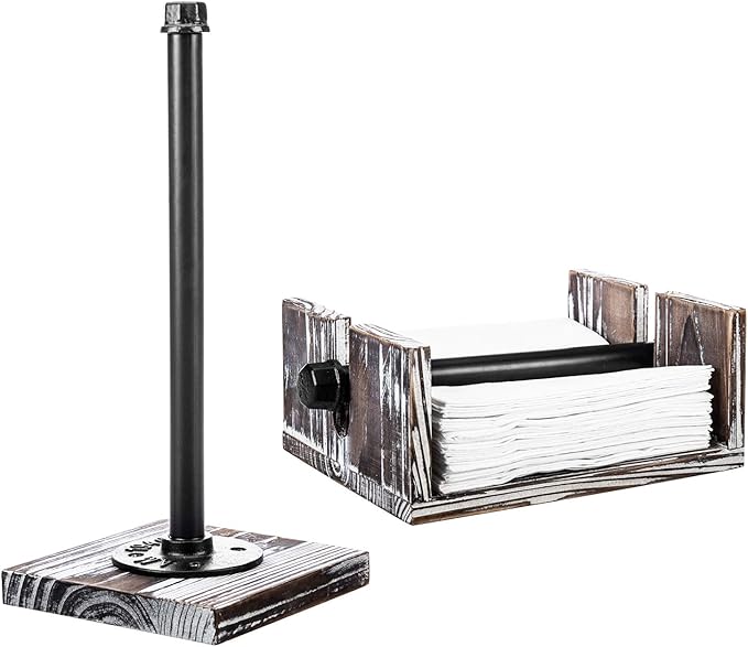 MyGift Paper Towel and Napkin Holder Set, Countertop Torched Wood and Industrial Metal Paper Towel Holder and Flat Napkin Holder with Weighted Arm