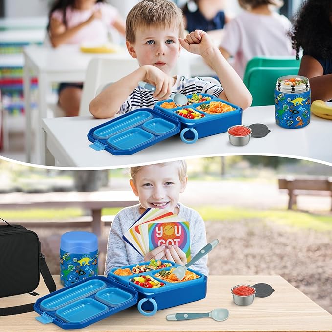 wiwens Bento Lunch Box for Kids with 12oz Soup Thermo Leak-Proof Lunch Food Container with 5 Compartment Thermo Hot Food Jar and Insulated Lunch Bag for Kid Toddler Girls Boys to School