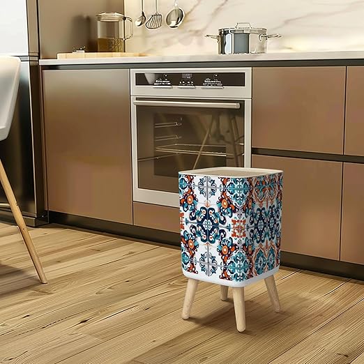 Small Trash Can with Lid Talavera pattern Indian patchwork Azulejos portugal ornament Moroccan Wastebasket with Press Cover Dog Proof Garbage Can Waste Bin for Kitchen Bathroom Nursery 2.6 Gallon
