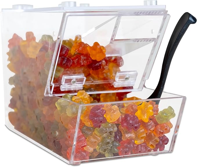 IneVibe Candy Bin Topping Dispenser - Acrylic Bulk Sprinkle Container w/Scoop, Stackable & Magnetic for Multiple Holders on Shelf - Commercial Setting for Cereal, Nuts, Candies & Snack Food Storage