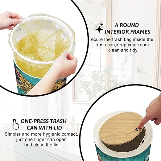 Trash Can with Lid Hypnotic Fairy Dance Hue Glass Press Top Round Small Garbage Bin with Wooden Legs Waste Basket for Kitchen Bedroom Nursery 7L/1.8 Gallon