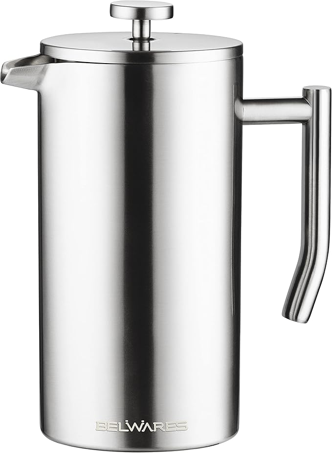 Belwares French Press Coffee Maker - 50oz 6-Cup Capacity, 304 Stainless Steel Coffee Press, Double Wall Insulation Heat Retention, 4-Level Filtration Smooth Ground-Free Coffee, 2 Extra Filters, Silver