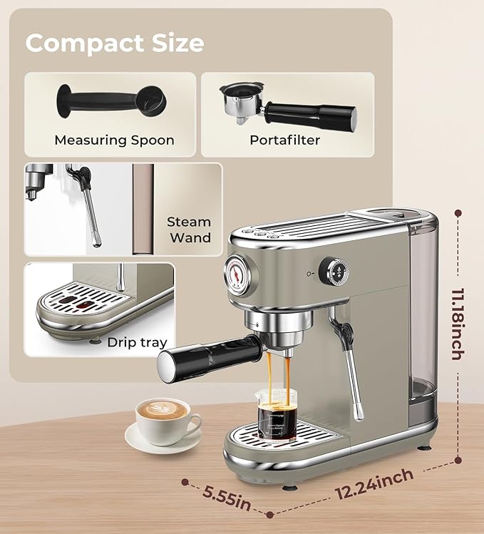 atatix 20 Bar Espresso Machine with Milk Frother, Compact Espresso Maker, Stainless Steel Coffee Machine with Precise Temp Control & 44oz Removable Water Tank for Latte, Cappuccino, Light Grey