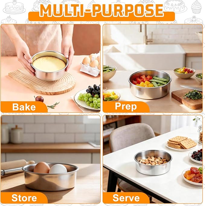 E-far 5 Inch Cake Pan Set of 3, Stainless Steel Small Round Baking Pans Tins for Layer Smash Birthday Cakes, Dishwasher & Oven Safe, Healthy & Non-toxic, Leak Proof & Mirror Polished