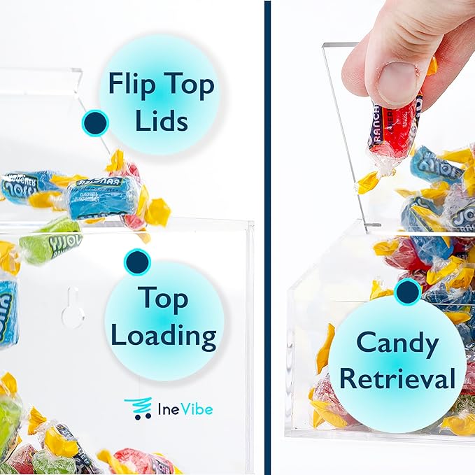 Inevibe Candy Dispenser - Bulk Acrylic Storage Holder with Two Lids for Countertop or Wall Mount - Store Chocolate, Treats, Sweets, and Snacks (2)