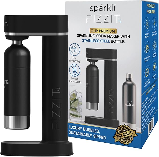 FIZZIT Spärklï Sparkling Water Maker Bundle – Soda Streaming Machine with 2 CO2 Cylinders & 2 Reusable Stainless Steel Bottles (Black + White) – Carbonated Water Soda Maker, Dishwasher Safe