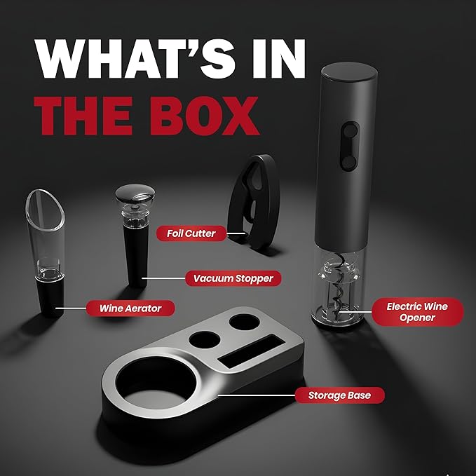 BLIVORRA-Electric Wine Opener Set ā 5-in-1 Battery Operated Corkscrew with Foil Cutter, Wine Pourer, Stopper & Storage Stand ā Great Gift for Wine Lovers (Matte Black)