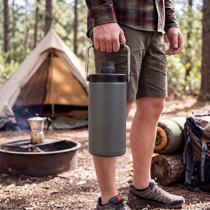 Kerilyn Insulated Hlalf Gallon Jug with Handle, 64oz Stainless Steel, Large Double Vacuum Water Bottle for Hot & Cold Drinks, Wide Mouth, Sweat Proof, Great for Travel, Camping, Grey