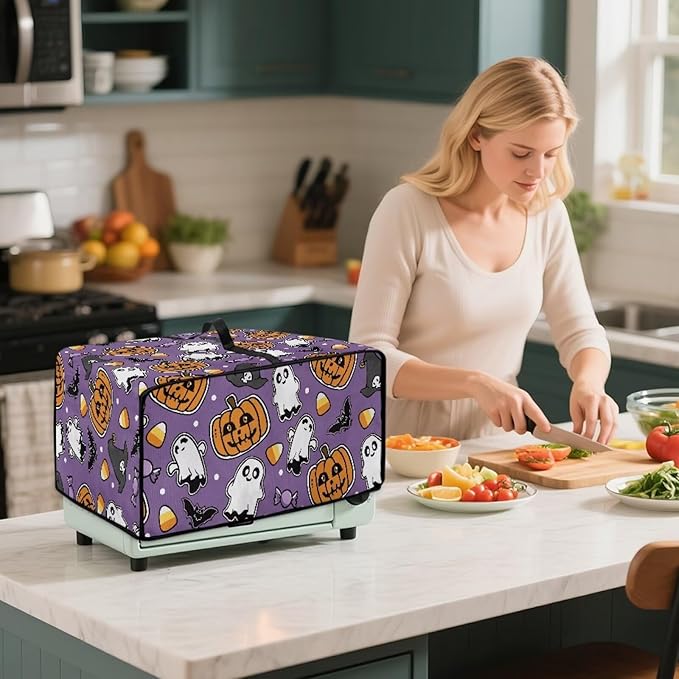 Air Fryer Toaster Oven Cover with Side Pockets, Protective Electrical Appliance Cover Kitchen Countertop Accessories, L, Ghost Pumpkin Bat Candy Violet Halloween Decor