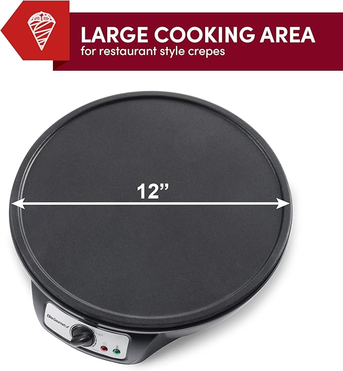 Elite Gourmet ECP-126 Electric Crepe Maker, Pancake, Hot Cakes and Non-stick Griddle with Spreader, Spatula and Recipes, 12", Black