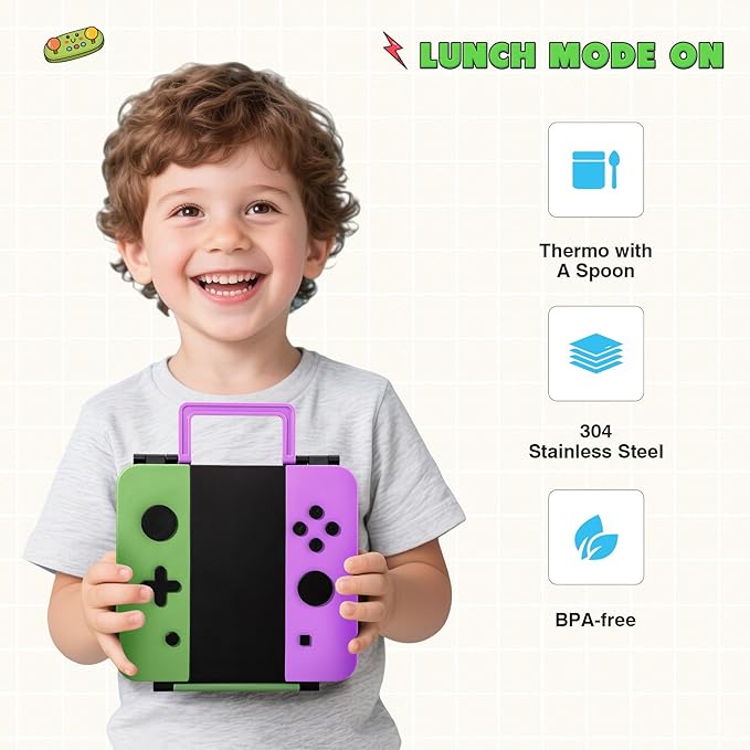 Game Bento Box for Kids, Lunch Box with Thermo(9oz Food Jar), Folding Spoon, Removable Divider & Sauce Cup, Lunch Box Kids for School,Travel, BPA-Free & Realistic Shape (Green-Purple)
