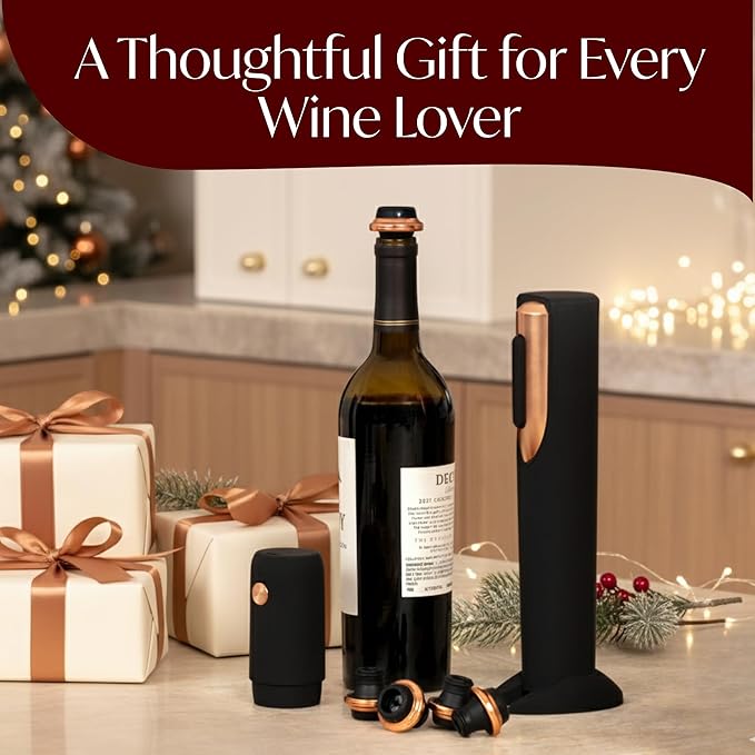 Electric Wine Opener Battery Operated and Electric Wine Preserver with Stoppers Gift Bundle Set (Black & Rose Gold)