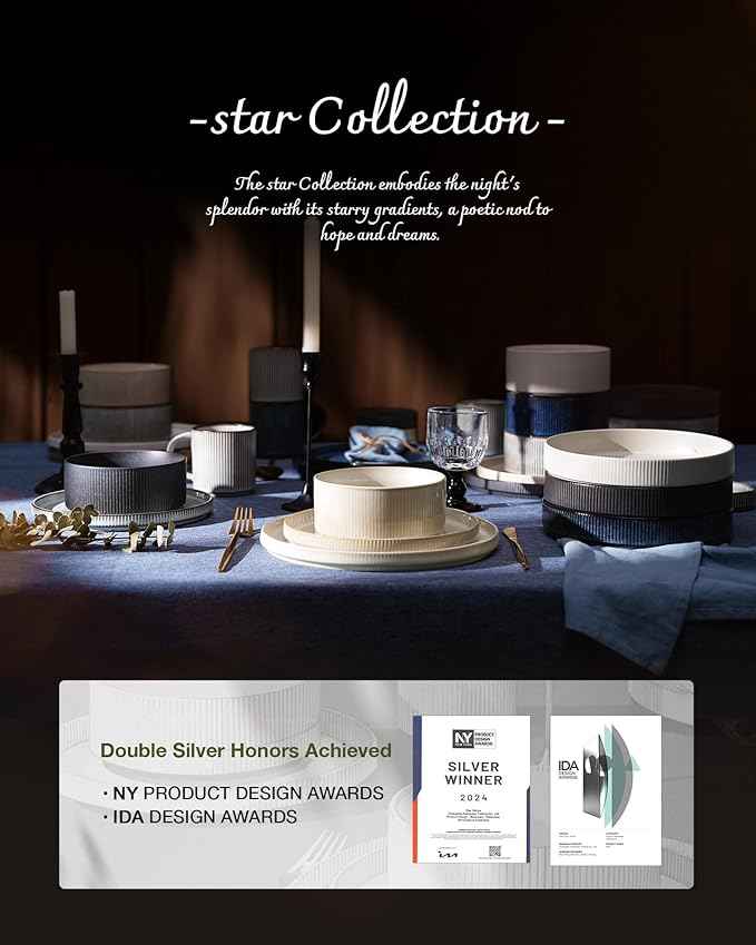 famiware Star Dinnerware Set with Pasta Bowls, Service for 6 (24 Pieces), Ribbed Stoneware Plates and Double Bowls Sets - Chip & Scratch Resistant, Microwave & Dishwasher Safe Dishes, Matte White