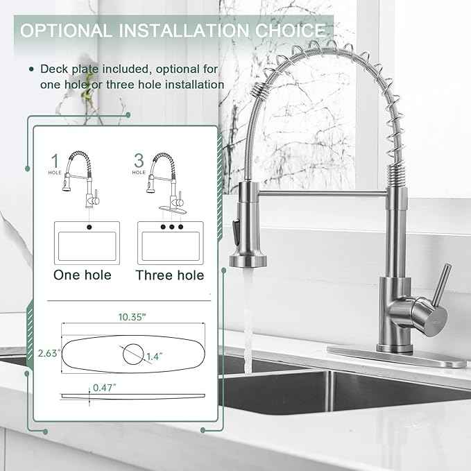 WEWE Kitchen Faucets, Brushed Nickel Kitchen Faucet with Pull Down Sprayer, Industrial Spring Single Handle Stainless Steel Kitchen Sink Faucet with Deck Plate, 1 Hole or 3 Hole for Laundry Rv