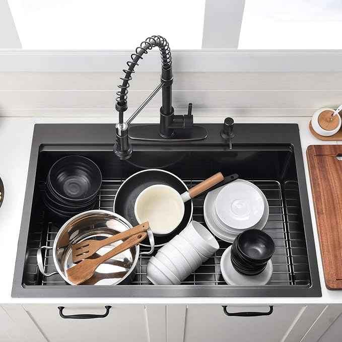 28 Inch Black Drop In Kitchen Sink Workstation - VOKIM 28x22-Inch Drop In sink 16 Gauge Stainless Steel 10'' Deep Single Bowl Handmade Kitchen Sink with Cutting Board & Strainer
