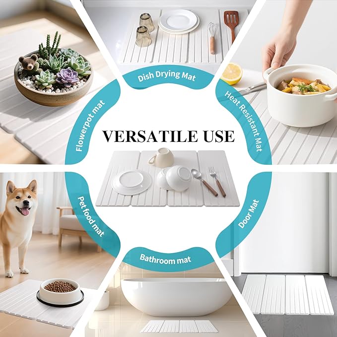 Extral Large Quick Dry Stone Drying Mat for Kitchen Counter,28x16 Inch Collapsible Eco-Friendly Absorbent Diatomaceous Earth Mat for Dishes Cups (White-Upgraded Version, 16x12 inch)