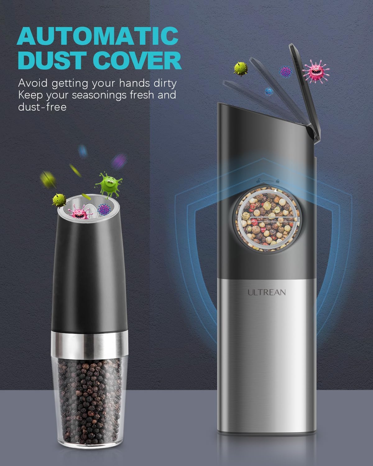 Ultrean Pepper Grinder, Rechargeable Gravity Salt and Pepper Grinder with 6 Adjustable Coarseness, LED Light, One-Hand Automatic Operation, Stainless Steel, Gifts for Father‘s Day