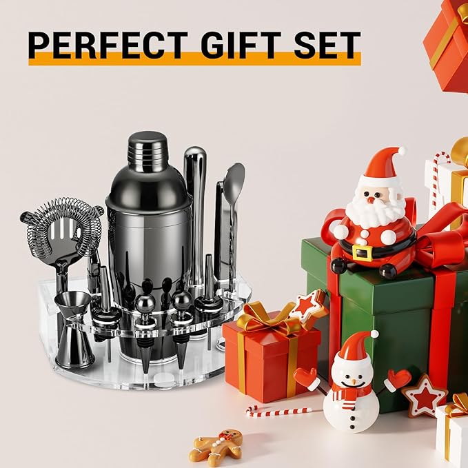 Bartender Kit Cocktail Shaker Set, Stainless Steel Cocktail Kit with 12 Piece Bar Accessories, 25oz Shaker Bar Set Drink Mixer Set with Stand Jigger Strainer Spoon Muddler for Cocktails (Black)