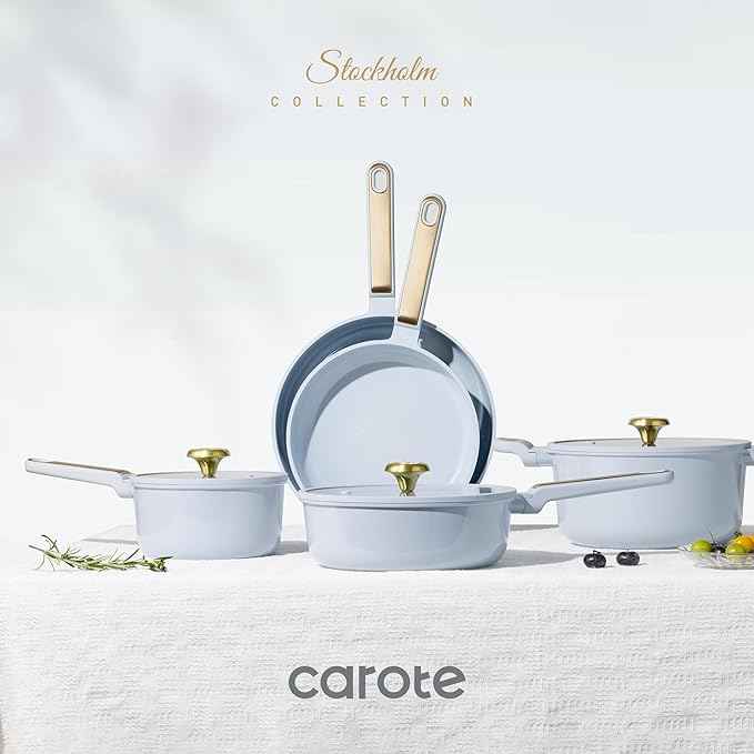 CAROTE Ceramic Cookware Set Nonstick, 14pcs Pots and Pans Set Nonstick, Non-Toxic & PFAS-Free, Dishwasher, RV/Camping Cookware Set, Cooking Pots with Lids, Pastel Blue