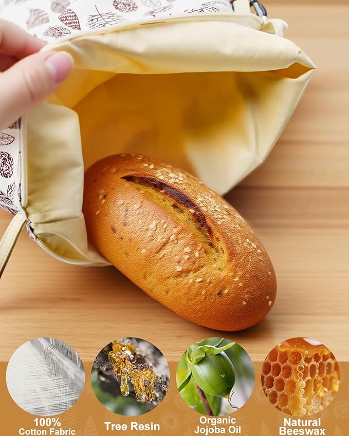 Reusable Beeswax Bread Bags with Zipper, Sourdough Bread Storage Bags for Homemade, Keep Bread Fresh, Natural Beeswax & Cotton Liner, Freezer-Safe Baguette Bag 17"×13", 2 Pack