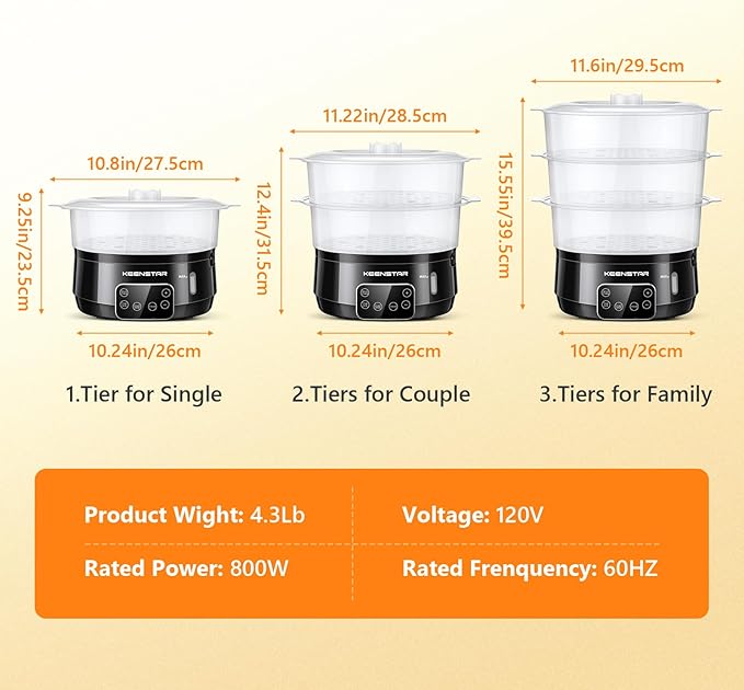 13.7QT Electric Food Steamer for Cooking, Vegetable Steamer with 3 Tiers BPA-Free Baskets, Digital Steamer with Appointment, 800W Fast Cooking, Ideal for Veggies Seafood Rice Black