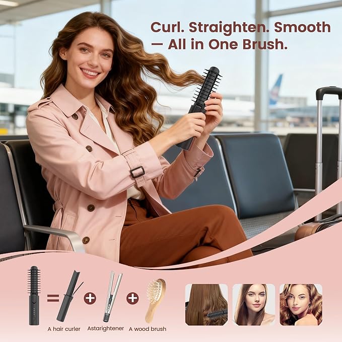 Youbella Cordless Hair Curling Iron Brush, Portable Travel Hair Curler, Mini 1.5″ Heated Round Brush, 3-in-1 USB Rechargeable Straightening Wand for Styling & Smoothing, 200 Million Ionic Care, Black