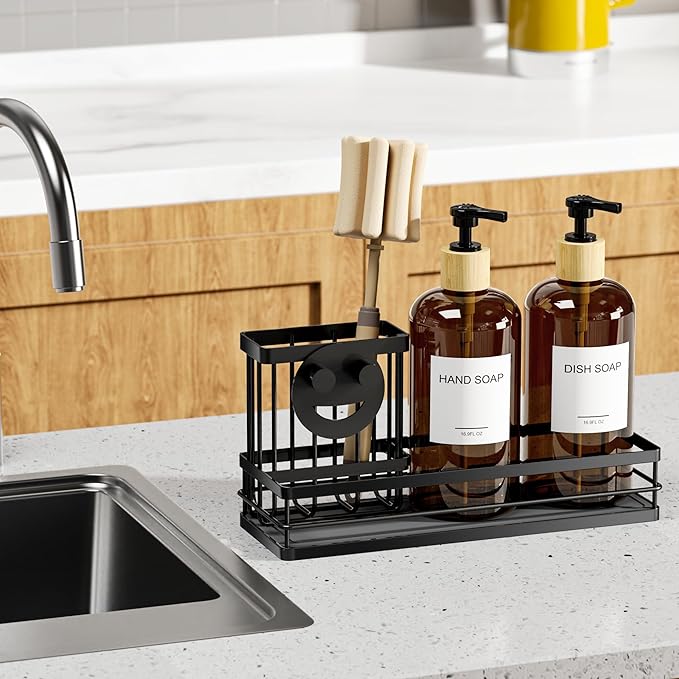 Moforoco Kitchen Dish Soap Dispenser Set, 16OZ Glass Bottle, Hand and Dish Soap Dispenser Set, Instant Dry Tray, Brush Holder with Smiley Face Sponge Holder (Black Tray+Amber Bottle+Labels)