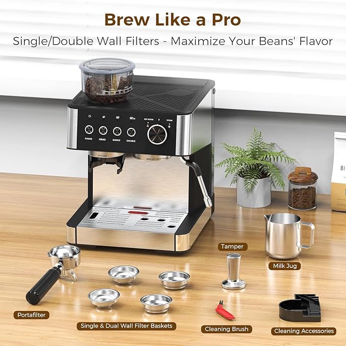 COWSAR 20 Bar Espresso Machine with Grinder & Milk Frother Steam Wand, 58mm Expresso Coffee machines, Commercial Stainless Steel Coffee Maker for Cappuccino and Latte, Perfect for Home Café-Black