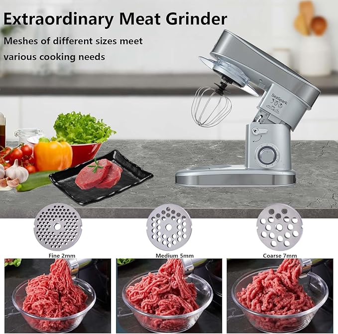 Multifunctional Stand Mixer, 6 in 1 Stand Mixer, 6.3Qt Tilt-head, Standing Mixer with Stainless Steel Bowl, Meat Grinder, Juice Blender, for professional Baking and Most Home Cooks, Silver