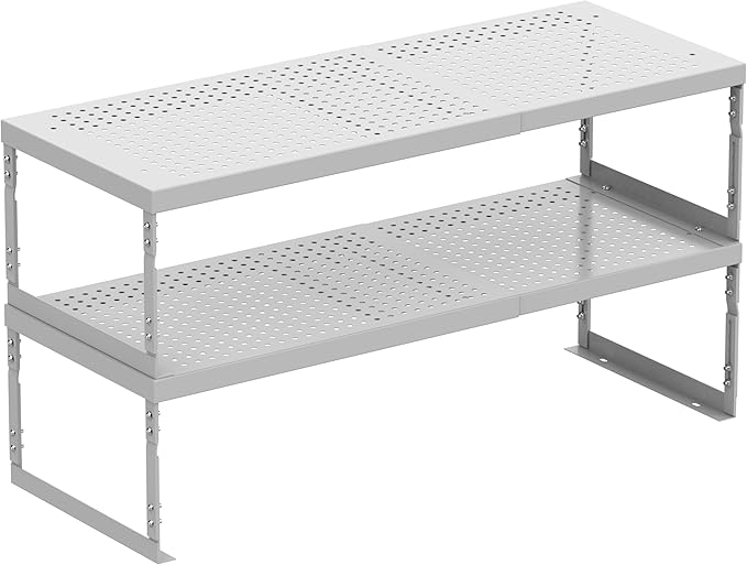 Stackable Expandable Metal Shelf Organizer - Adjustable Wire Storage Rack with Holes for Kitchen, Bathroom, Cabinet, Office - Space Saving, Durable & Sturdy Design(2PACKS/Large/White