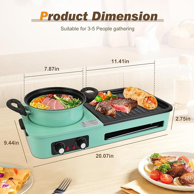 Hot Pot Electric with Grill, 1600W 3 in 1 Smokeless Non-Stick Barbecue Shabu Hot Pot with Dual Temp Control, Multifunctional Teppanyaki Grill Pot, Shabu Korean BBQ for 3-5 People