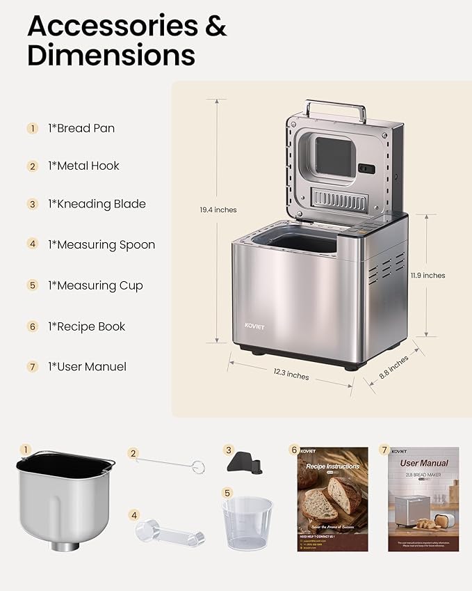 KOVIET 25-in-1 Bread Maker Machine with Automatic Dual Dispenser, 2LB Stainless Steel Breadmaker with Gluten-Free, Dough, Jam, Yogurt etc Settings, Silver