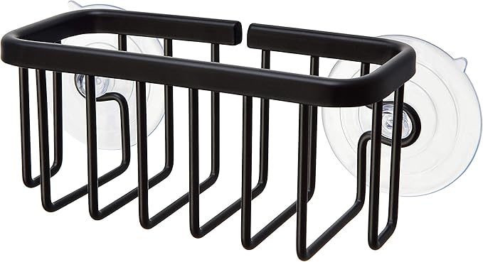 SunnyPoint NeverRust Kitchen & Bathroom Sink Caddy for Sponges, Scrubbers, Soap, 6" x 2.5" x 2.65", with Adhesive Mount - Additional Suction Cup Included –Aluminum (Black)