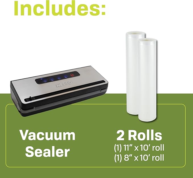 Nesco Preserve Plus Vacuum Sealer | Dry & Moist Modes | Built-in Bag Cutter & Roll Storage | 11.8" Seal Width | Includes 2 Rolls