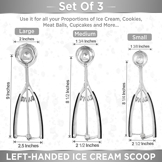 Lefty’s Left handed Ice Cream Scoop Set of 3 - #20, 40, 60 Portion Kitchen Tools - Great for Scooping & Portioning Cookies, Meatballs, Cupcakes - Gifts for Left-Handed, Lefty, Adults, Chefs and Women